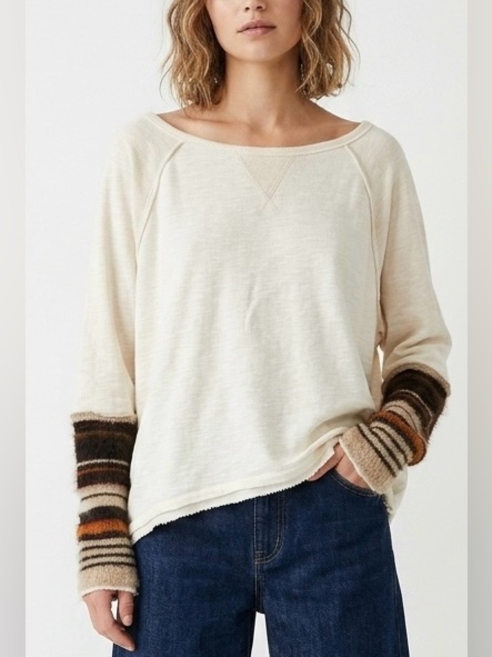 Free People We The Free Stripe Cuff Pullover Top Sunset Ivory Boho Minimalist